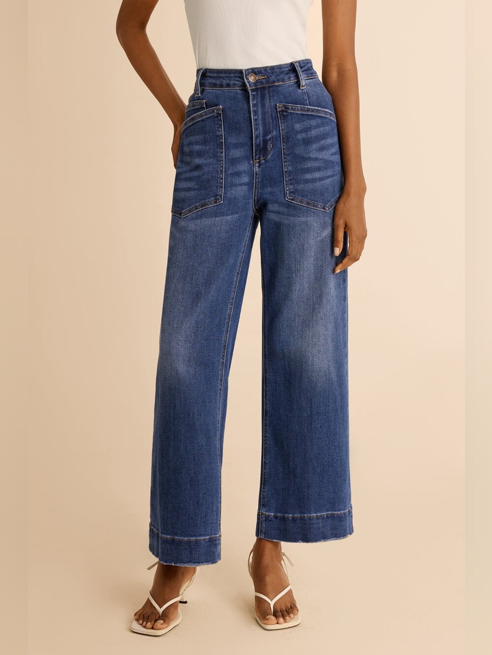 Cicy Bell Cropped High Waisted Baggy Jeans Wide Leg Blue Stretch Boutique 10 NWT